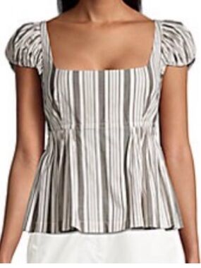 Rebecca Taylor Gray White Striped Puff Sleeve Peplum Blouse Size 10